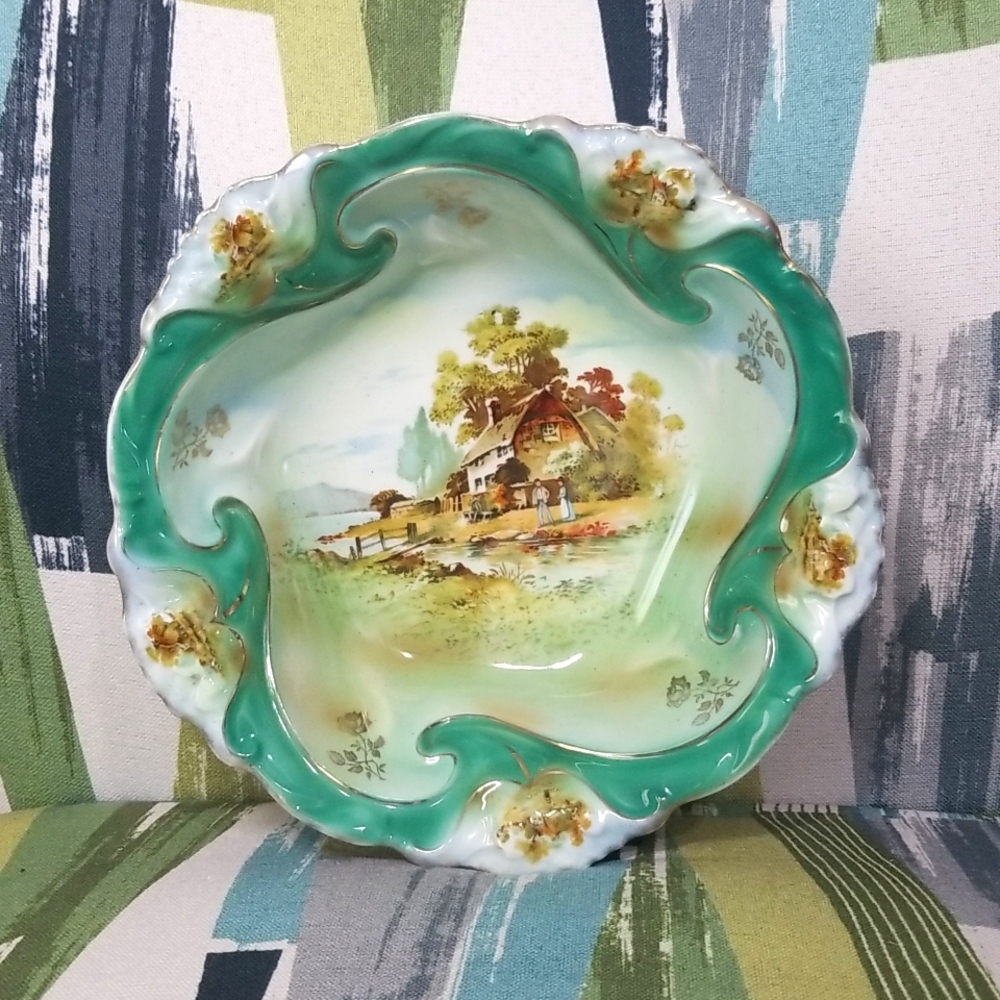 Germany Three Crown China Big Cottage Scenic Bowl With Wavery Green Gold Flowers